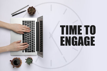 Time to engage. Woman using laptop on white background with clock, top view