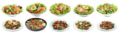 Tasty fresh salads on white background, setの写真素材