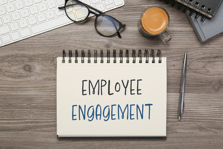 Employee engagement. Words in notebook, pen and computer keyboard on wooden table, top viewの写真素材