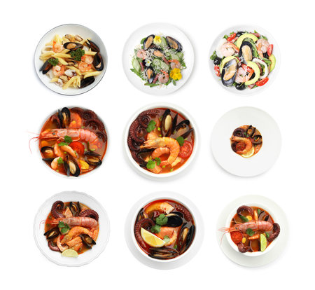 Tasty dishes with sea food isolated on white, set. Top viewの写真素材