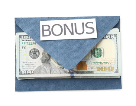 Envelope with word Bonus and dollar banknotes isolated on white, top viewの写真素材