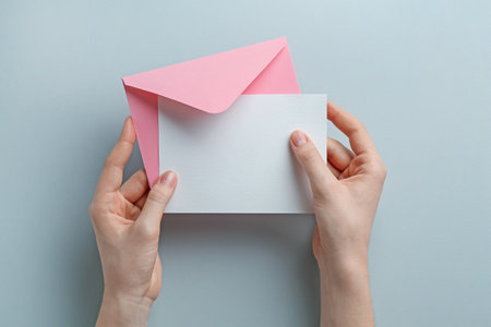 Woman holding envelope with blank invitation card on grey background, top view. Space for designの写真素材