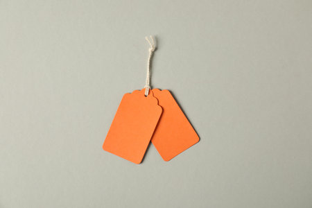 Blank tags with strings on grey background, flat layの写真素材