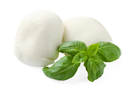 Tasty mozzarella cheese and basil isolated on whiteの写真素材