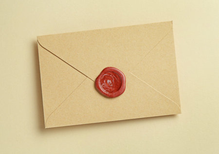 Beautiful invitation envelope with wax seal on beige background, top view