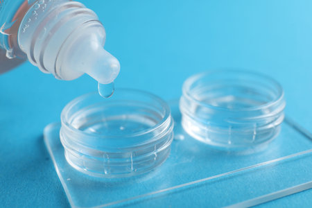 Dripping solution into case with contact lenses on light blue background, closeupの写真素材