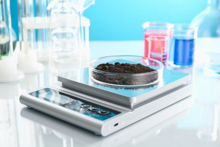 Scale with Petri dish of sample and other laboratory glassware on white mirror table against light blue background, closeupの写真素材