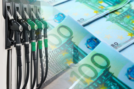 Fuel price. Gas filling station and euro banknotes, double exposureの写真素材