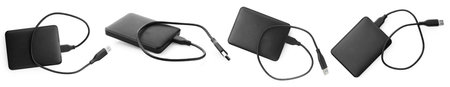 External hard drives with USB cables isolated on white, collage