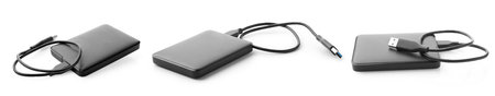 External hard drives with USB cables isolated on white, collage
