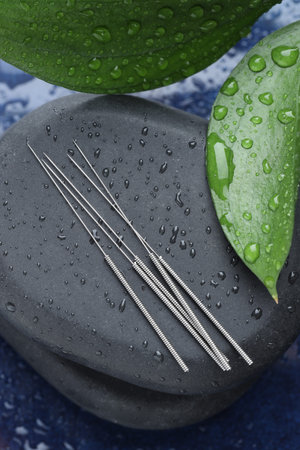 Acupuncture needles, wet spa stones and leaves on blue tray, closeup