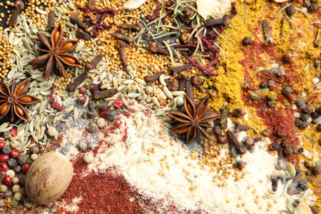 Many different spices as background, above view