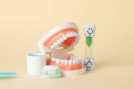 Different oral care products and dental model on beige background, closeupの写真素材