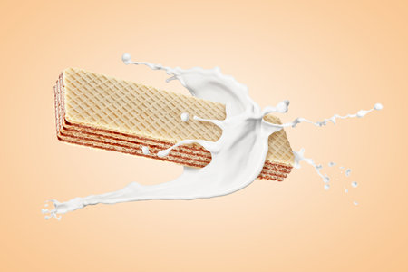Tasty crispy wafer and milk splash on dark beige backgroundの写真素材