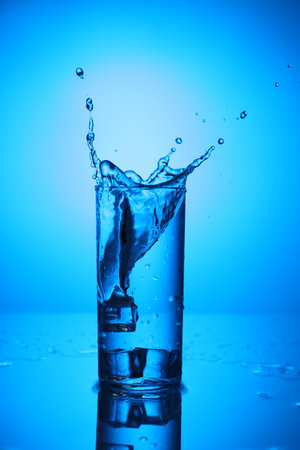Fresh water with ice cubes splashing out of glass on mirror table against blue gradient backgroundの写真素材