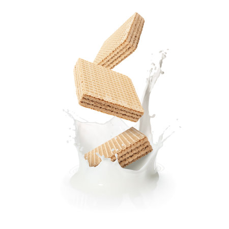 Tasty crispy wafers falling into splashing milk against white backgroundの写真素材