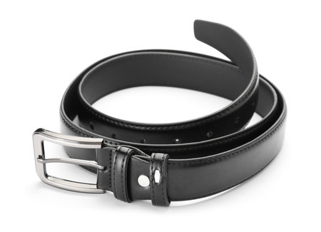 One black leather belt isolated on whiteの写真素材