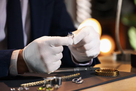 Appraiser working with luxury ring at table indoors, closeupの写真素材