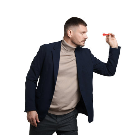 Targeting. Man with dart aiming on white backgroundの写真素材