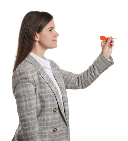 Targeting. Businesswoman with dart aiming on white backgroundの写真素材