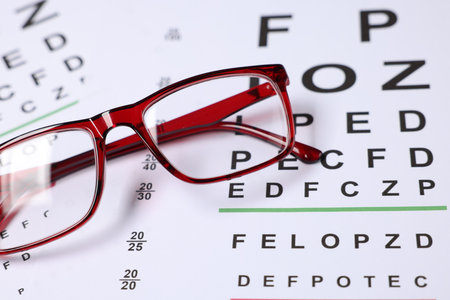 Glasses on vision test charts as background, closeupの写真素材