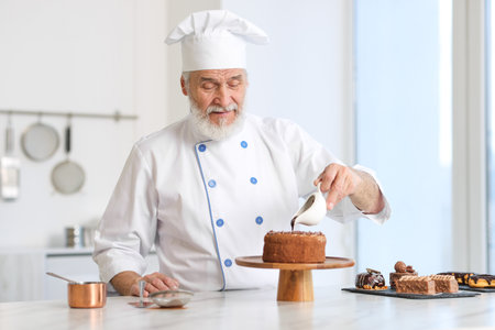 Elderly pastry chef pouring melted chocolate onto tasty cake at table in kitchenの写真素材