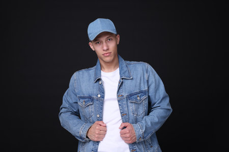 Young man wearing stylish denim baseball hat on black backgroundの写真素材