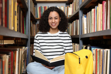 Woman with book studying near shelves in public library