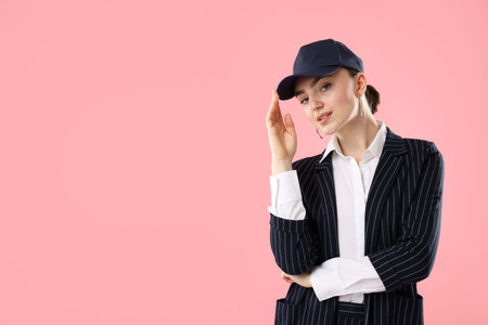 Portrait of beautiful woman in stylish baseball hat on pink background. Space for text