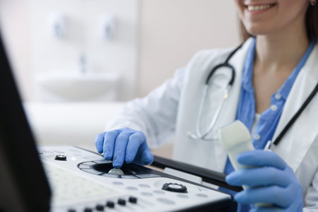 Professional sonographer with ultrasound machine in clinic, closeup