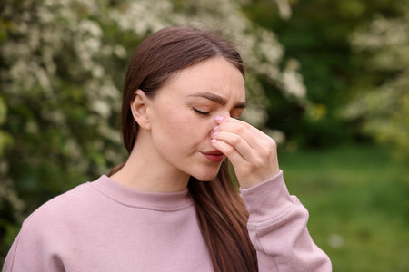 Woman suffering from seasonal pollen allergy near blossoming shrub on spring dayの写真素材