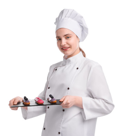 Happy confectioner in uniform holding delicious eclairs on white backgroundの写真素材