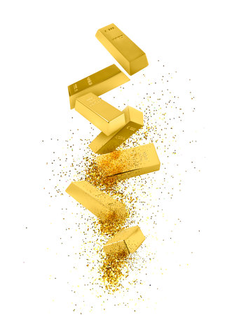 Gold bars and dust in air on white backgroundの写真素材