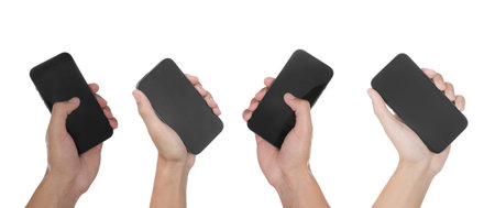 People holding smartphones with blank screens on white background, closeup. Mockup for design