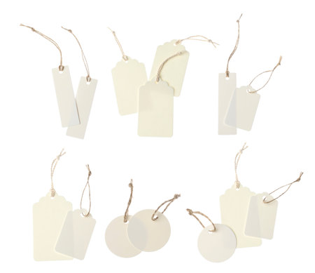 Many blank tags on white background, collage. Mockup for designの写真素材