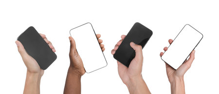 People holding smartphones with blank screens on white background, closeup. Mockup for design