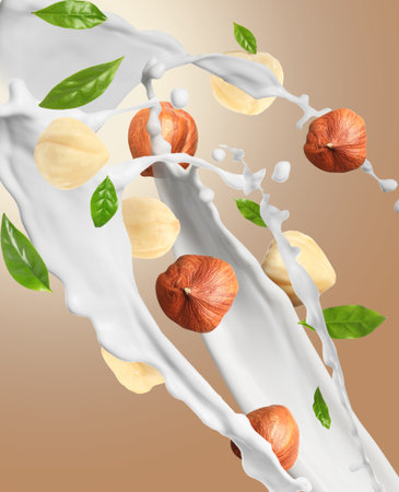 Nut milk splash with hazelnuts and green leaves in air on brown gradient backgroundの写真素材