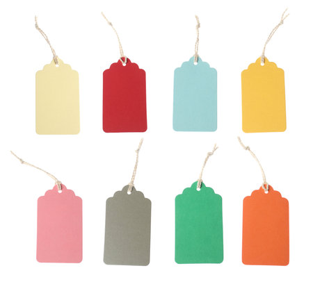 Many blank tags on white background, collage. Mockup for designの写真素材