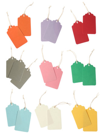 Many blank tags on white background, collage. Mockup for designの写真素材
