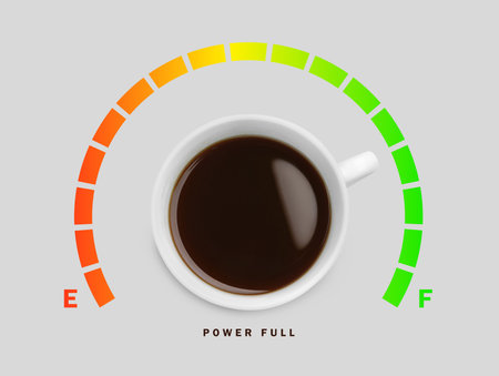 Coffee and power gauge scale on light grey background, top view. Handle of cup pointing at Full area. Energizing property of caffeineの写真素材