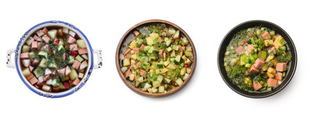 Cold soups in bowls isolated on white, set. Top viewの写真素材