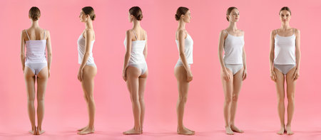 Young woman in underwear on pink background, collage. View from different sidesの写真素材
