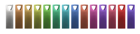 Colorful flash drives isolated on white, collage. Top view