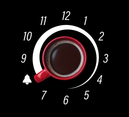 Coffee and clock face on black background. Handle of cup pointing at bell illustration instead of 8. Morning beverageの写真素材