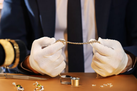 Appraiser working with luxury jewelry at table, closeupの写真素材