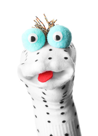 Funny sock puppet with tongue isolated on whiteの写真素材