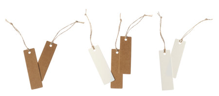 Many blank tags on white background, collage. Mockup for designの写真素材