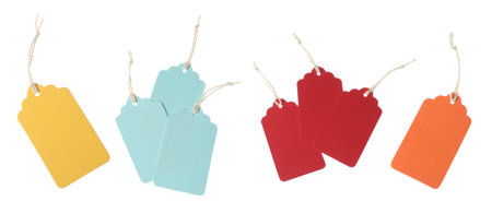 Many blank tags on white background, collage. Mockup for designの写真素材