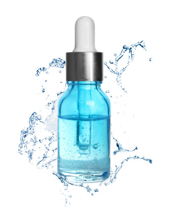 Bottle of moisturizing serum and water splash in air on white backgroundの写真素材