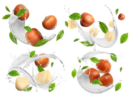 Nut milk splashes with hazelnuts and green leaves in air on white background, collageの写真素材